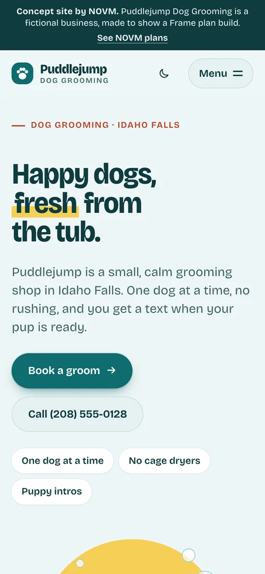 Puddlejump Dog Grooming concept site on a phone