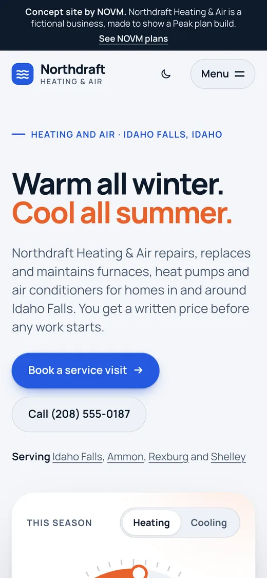 Northdraft Heating & Air concept site on a phone
