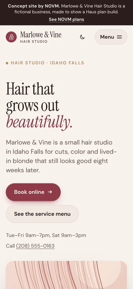 Marlowe & Vine Hair Studio concept site on a phone